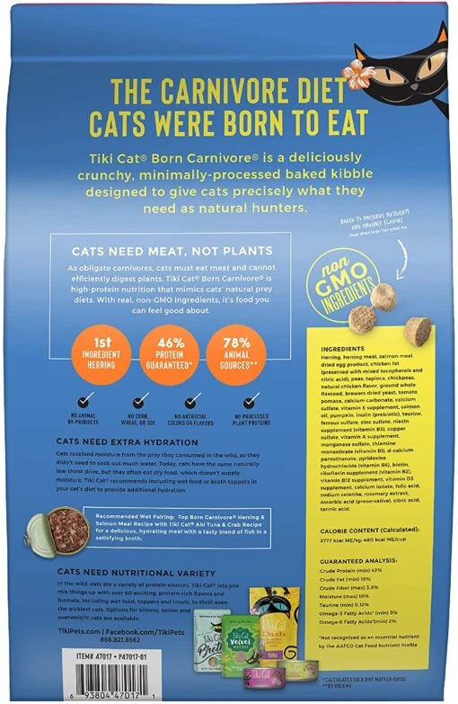 Tiki Cat Born Carnivore Non-GMO Herring & Salmon Non Kibble Dry Cat Food - 2.8 Lb Bag -Weruva Shop tiki cat born carnivore non gmo herring salmon non kibble dry cat food 28 lb bag 103523