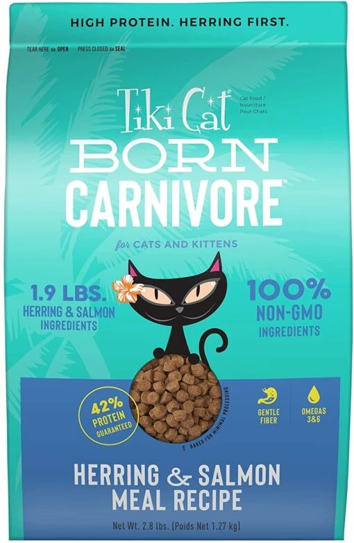 Tiki Cat Born Carnivore Non-GMO Herring & Salmon Non Kibble Dry Cat Food - 2.8 Lb Bag -Weruva Shop tiki cat born carnivore non gmo herring salmon non kibble dry cat food 28 lb bag 730599